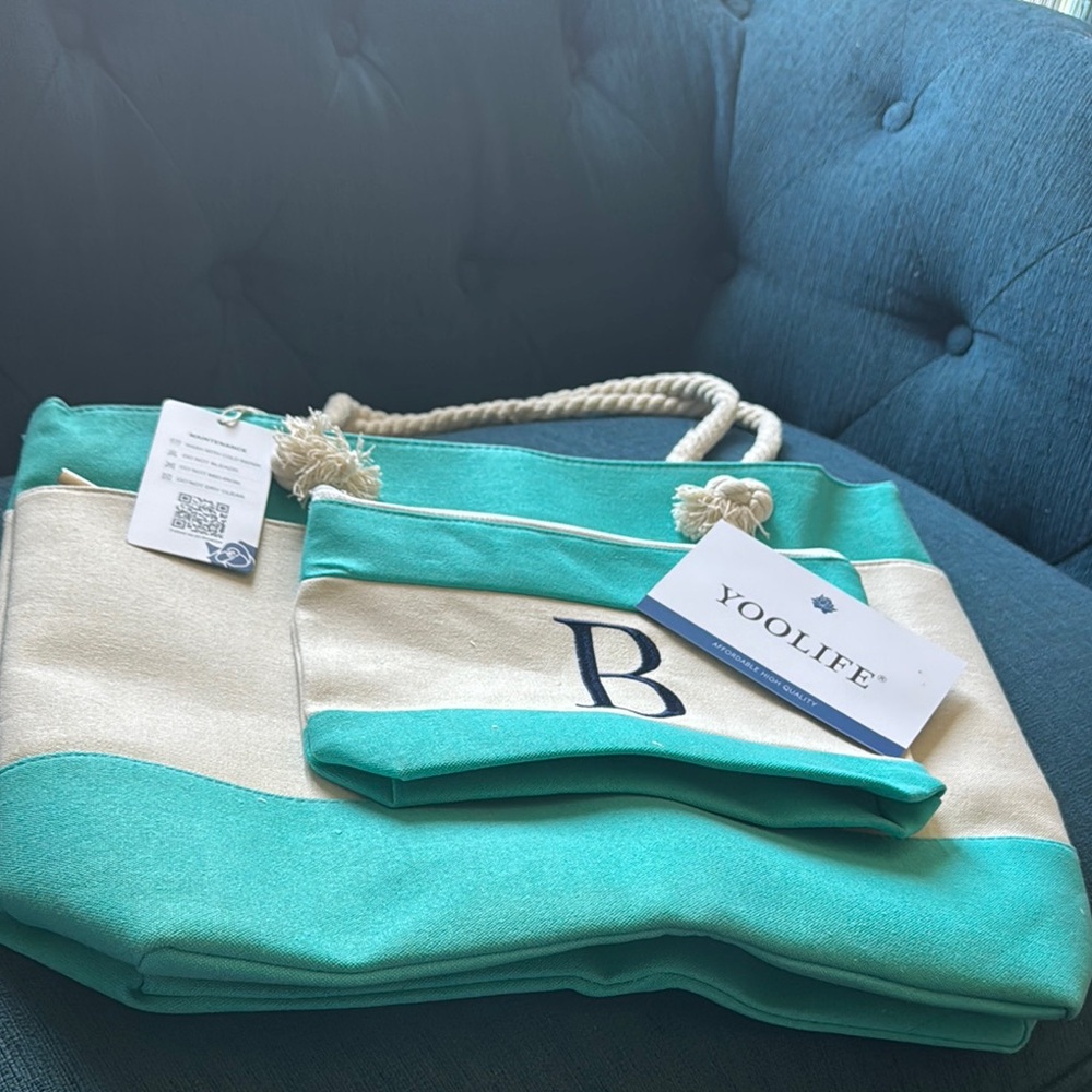 Blue and Cream Striped Tote with Nautical Rope Handles